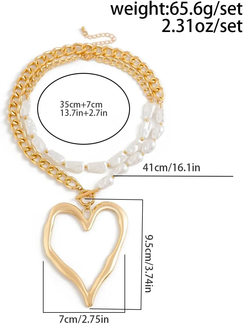 Chunky Heart Necklace for Women,Gold Statement Choker Necklaces Trendy Big Heart Pearl Layered Chain Choker Fashion Statement Necklace Jewelry