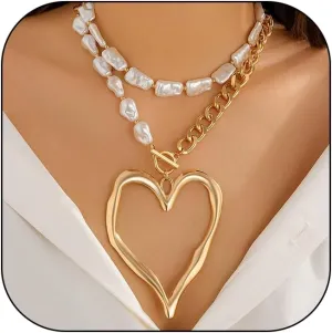 Chunky Heart Necklace for Women,Gold Statement Choker Necklaces Trendy Big Heart Pearl Layered Chain Choker Fashion Statement Necklace Jewelry