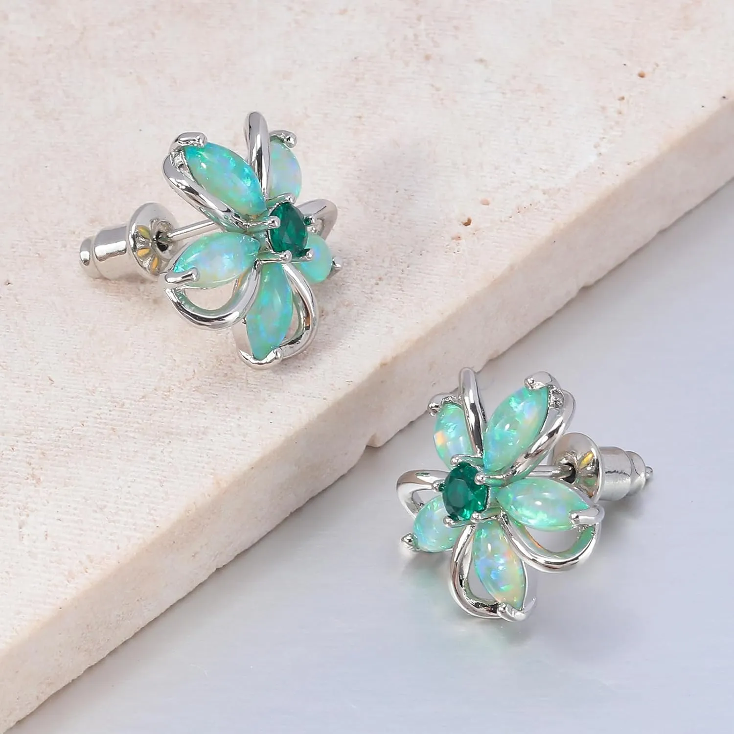 CiNily Womens Flower Earrings Studs Dainty Fire Opal Studs 14K White/Gold Plated Lightweight Cubic Zirconia Stud Earrings Trendy Diamond Jewelry for Wedding Party Birthday Summer Gifts