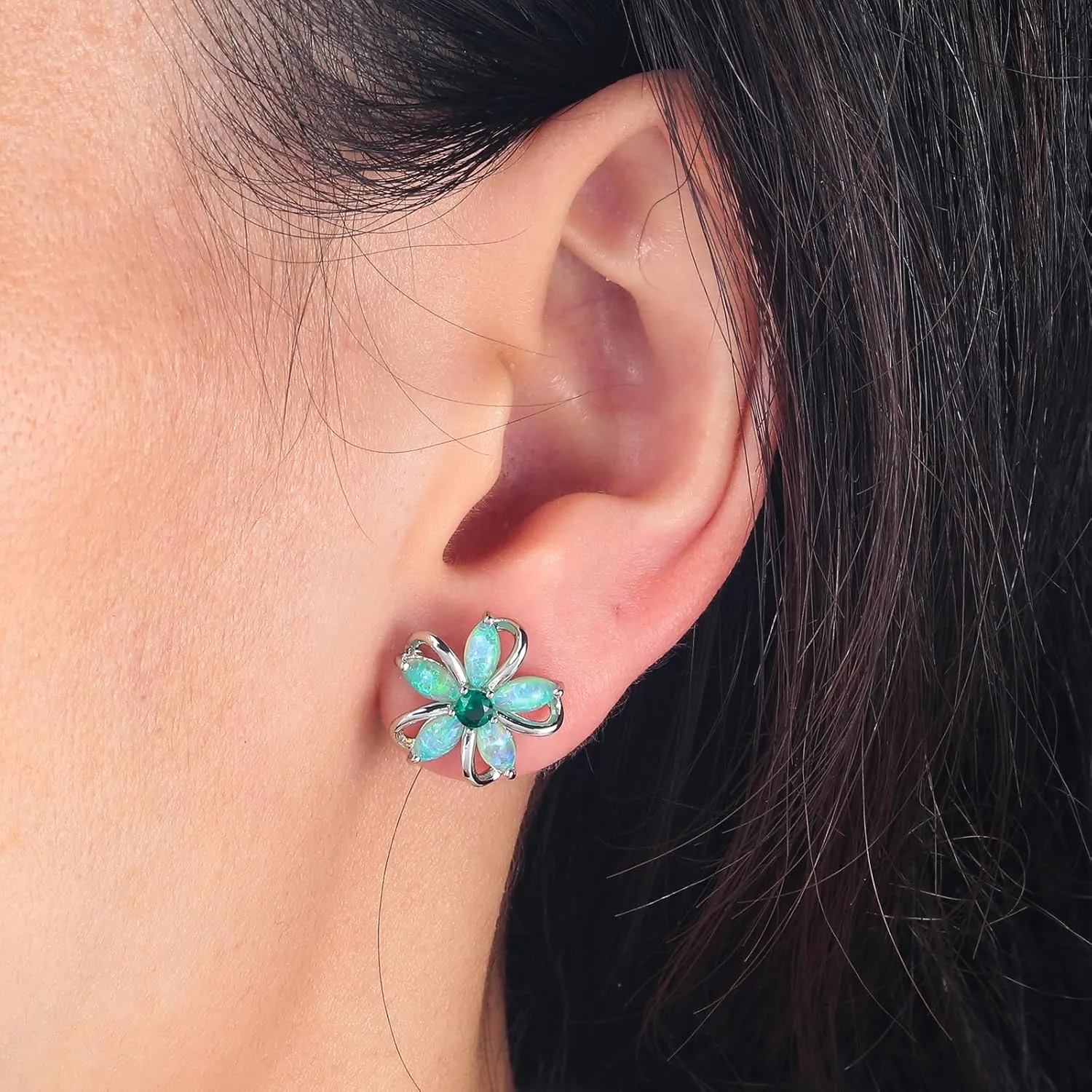 CiNily Womens Flower Earrings Studs Dainty Fire Opal Studs 14K White/Gold Plated Lightweight Cubic Zirconia Stud Earrings Trendy Diamond Jewelry for Wedding Party Birthday Summer Gifts