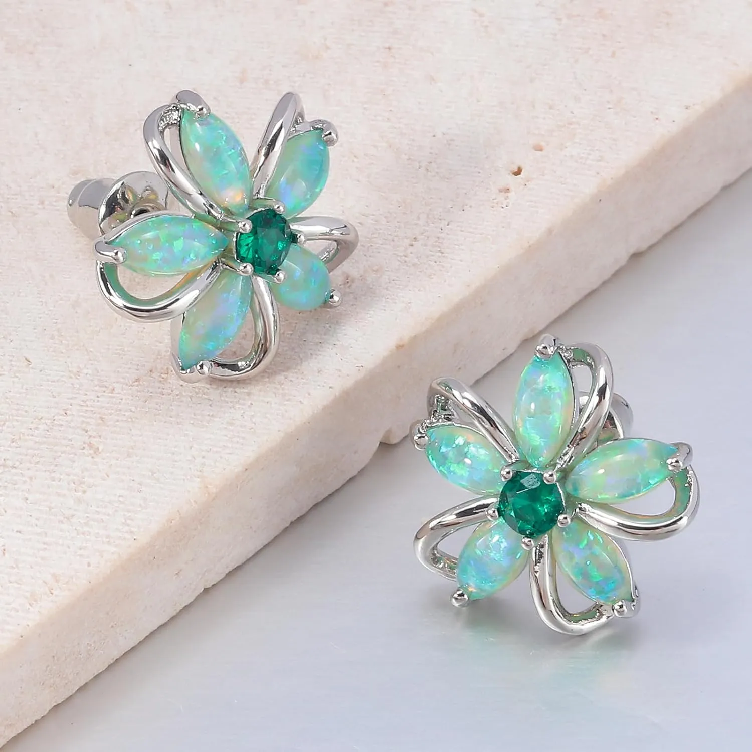 CiNily Womens Flower Earrings Studs Dainty Fire Opal Studs 14K White/Gold Plated Lightweight Cubic Zirconia Stud Earrings Trendy Diamond Jewelry for Wedding Party Birthday Summer Gifts