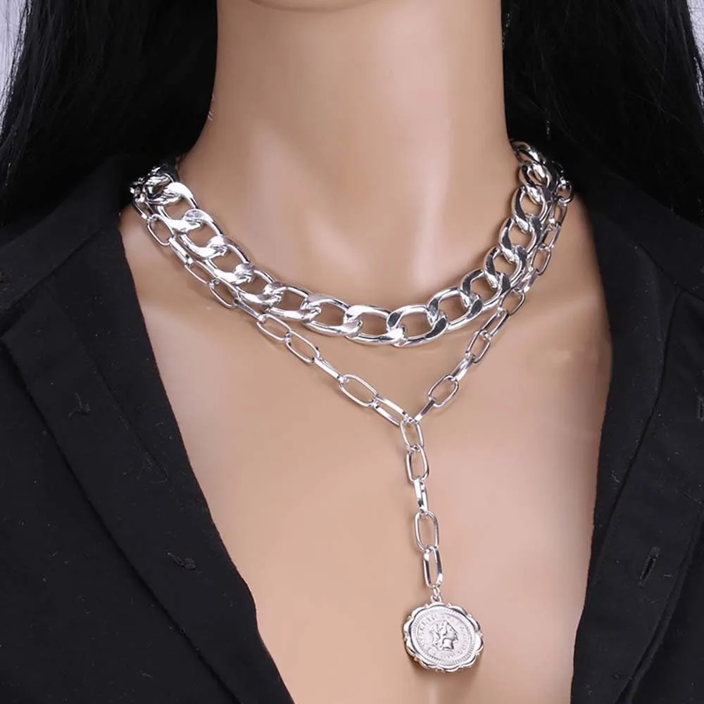 CJIAYUJEW Gold Chunky Necklace for Women Layered Paperclip with Coin Pendant Choker Chain Necklace Dainty Boho Cuban Paperclip Necklace Jewelry