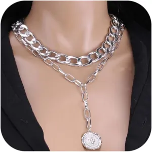 CJIAYUJEW Gold Chunky Necklace for Women Layered Paperclip with Coin Pendant Choker Chain Necklace Dainty Boho Cuban Paperclip Necklace Jewelry