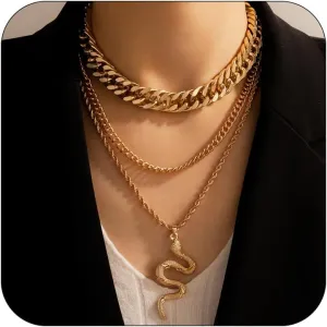 CJIAYUJEW Gold Snake Necklace Silver Layered Snake Pendant Necklaces Chunky Snake Necklace Punk Snake Pendant Necklace Vintage Cuban Chain Snake Jewelry for Women