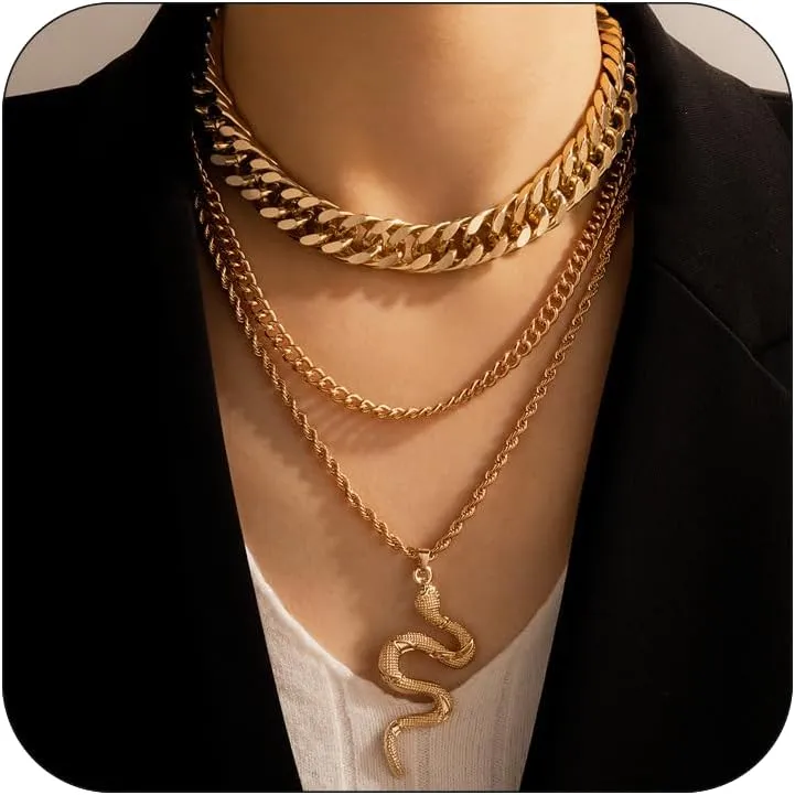 CJIAYUJEW Gold Snake Necklace Silver Layered Snake Pendant Necklaces Chunky Snake Necklace Punk Snake Pendant Necklace Vintage Cuban Chain Snake Jewelry for Women
