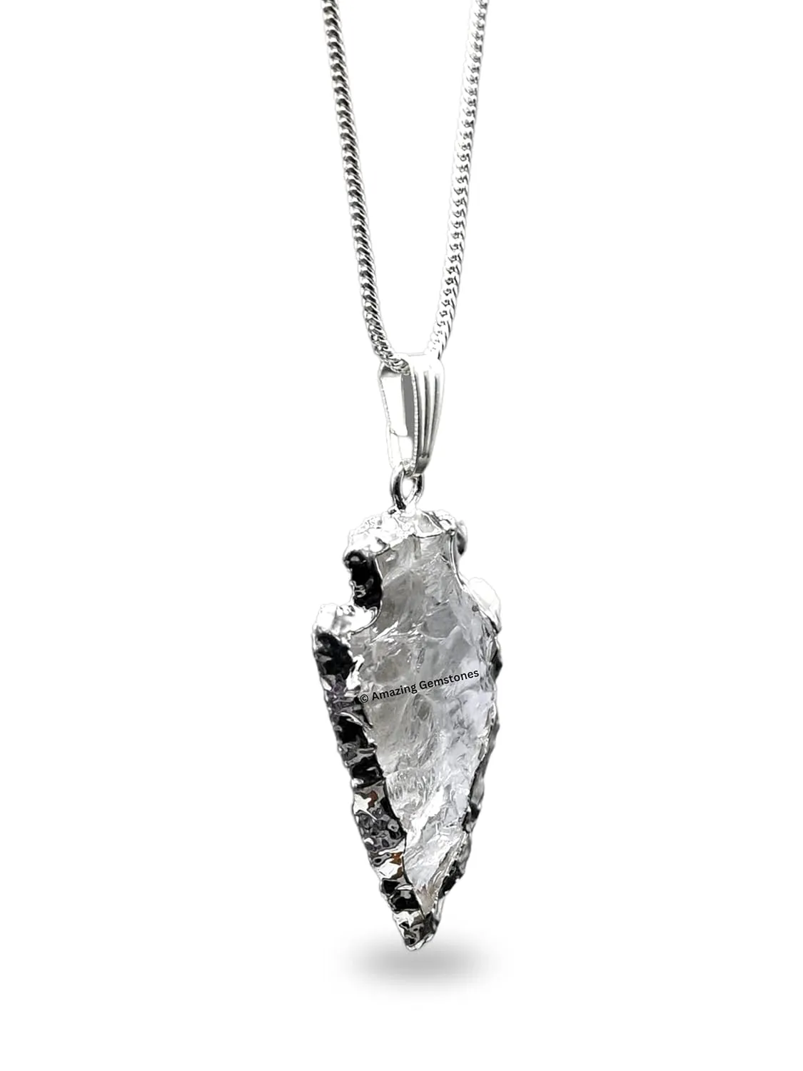Clear Quartz Arrowhead Necklace for Men Women - Men's Necklaces Arrow Heads Healing Crystal Necklace - Gifts for Men, Teen Boys - Stocking Stuffers for Men (Silver Edged)