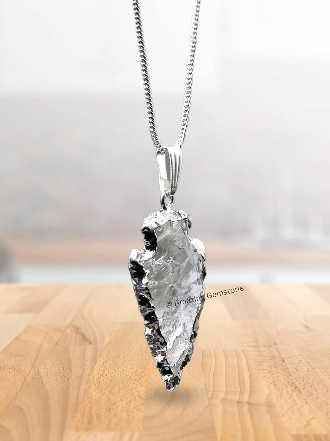 Clear Quartz Arrowhead Necklace for Men Women - Men's Necklaces Arrow Heads Healing Crystal Necklace - Gifts for Men, Teen Boys - Stocking Stuffers for Men (Silver Edged)