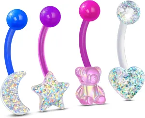 Cocharm 4PCS Colorful Plastic Pregnancy Belly Button Rings 14G Cute Acrylic Navel Rings for Women Bioflex Belly Piercing Jewelry