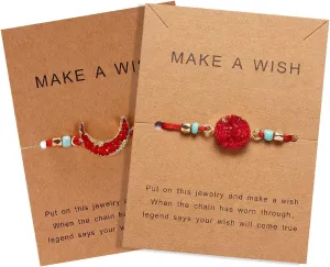 COLORFUL BLING 2pcs Resin Moon Crescent Round Natural Stone Bracelets Set Friendship Hand Woven Braided Stretch String Adjustable for Couples Lovers Personalized Wish Card Jewelry