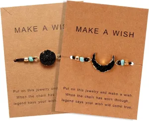 COLORFUL BLING 2pcs Resin Moon Crescent Round Natural Stone Bracelets Set Friendship Hand Woven Braided Stretch String Adjustable for Couples Lovers Personalized Wish Card Jewelry