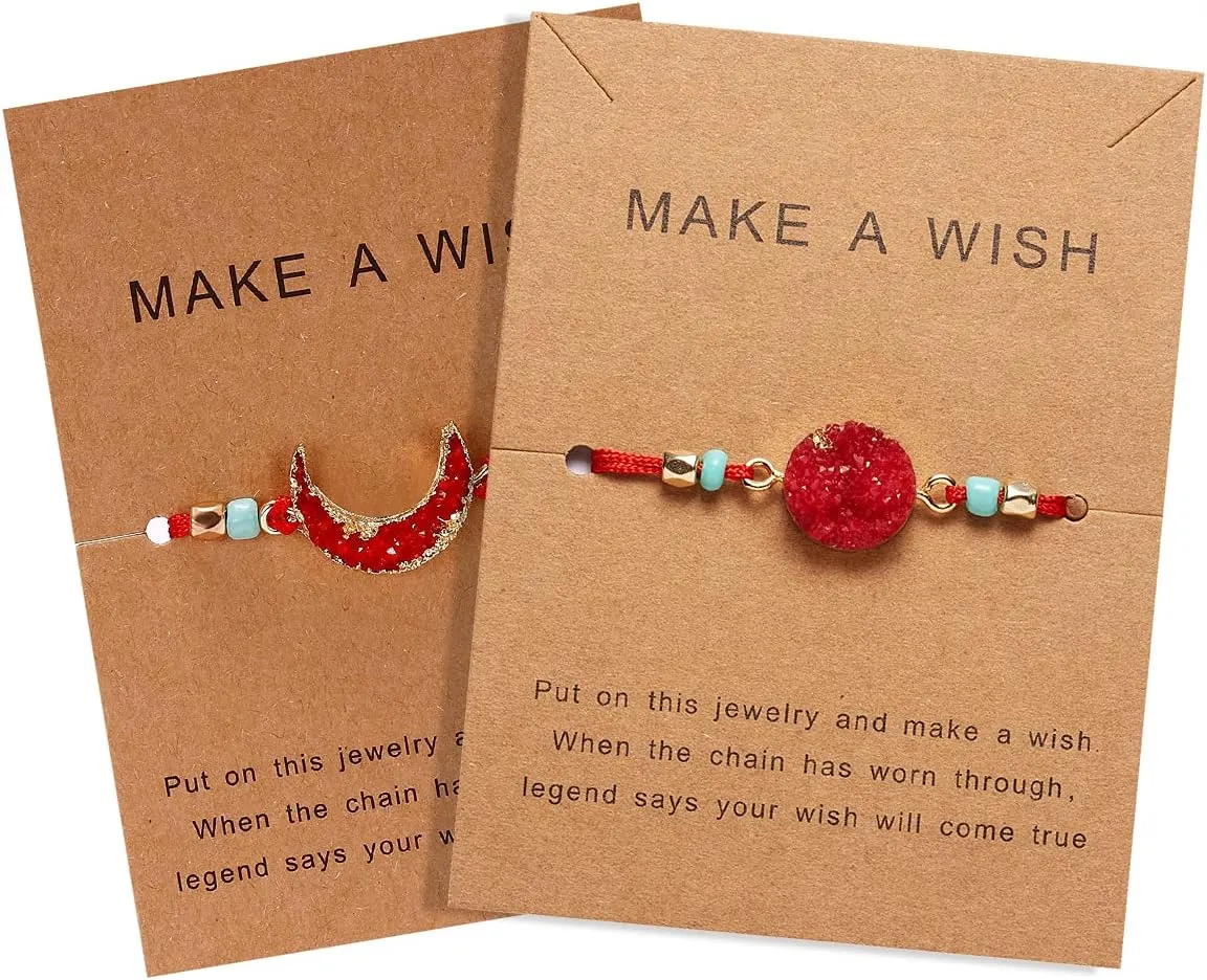 COLORFUL BLING 2pcs Resin Moon Crescent Round Natural Stone Bracelets Set Friendship Hand Woven Braided Stretch String Adjustable for Couples Lovers Personalized Wish Card Jewelry