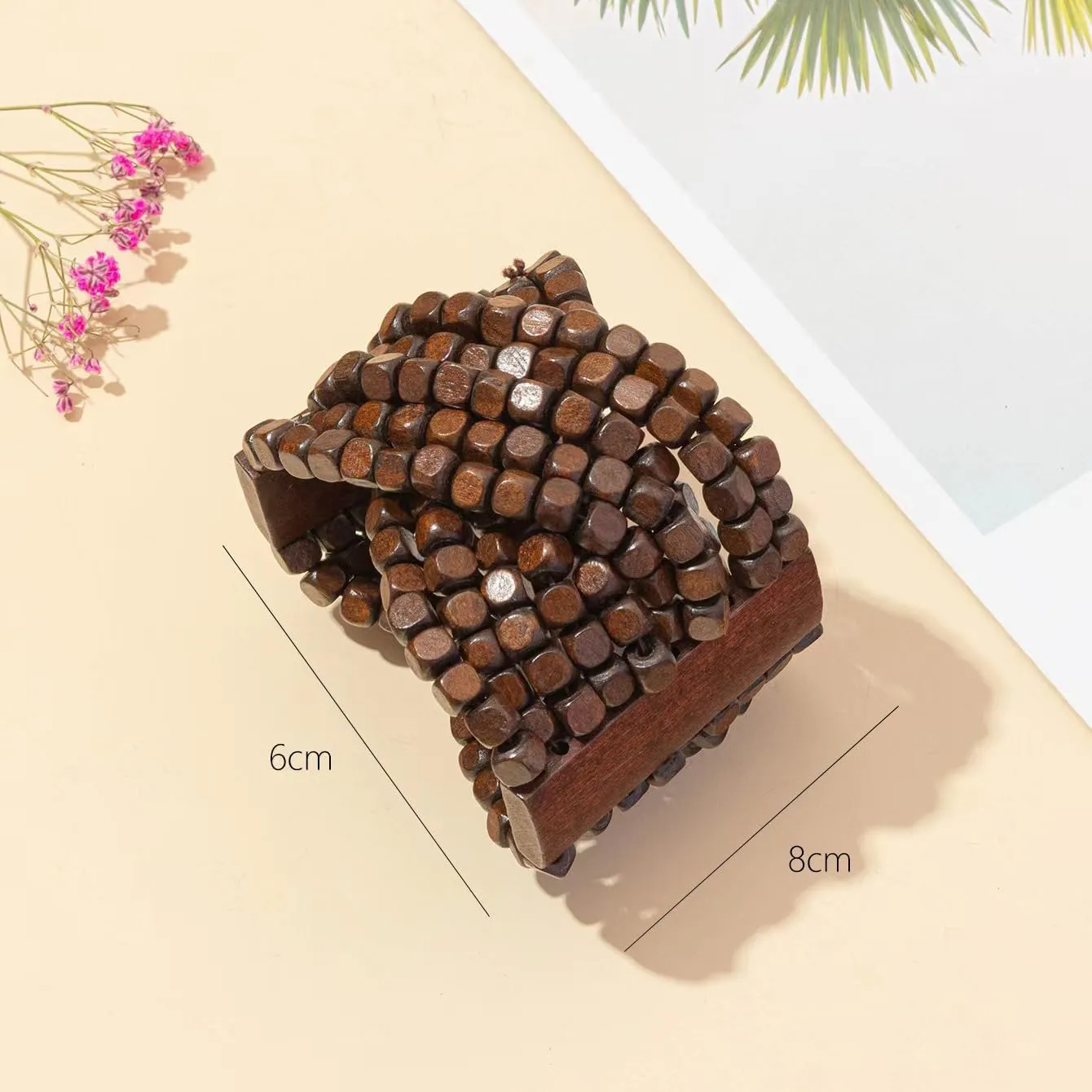 COLORFUL BLING Handmade Natural Wooden Beads Cuff Bracelet Woven Chunky Geometric Bangle for Women Summer Beach Boho Jewelry
