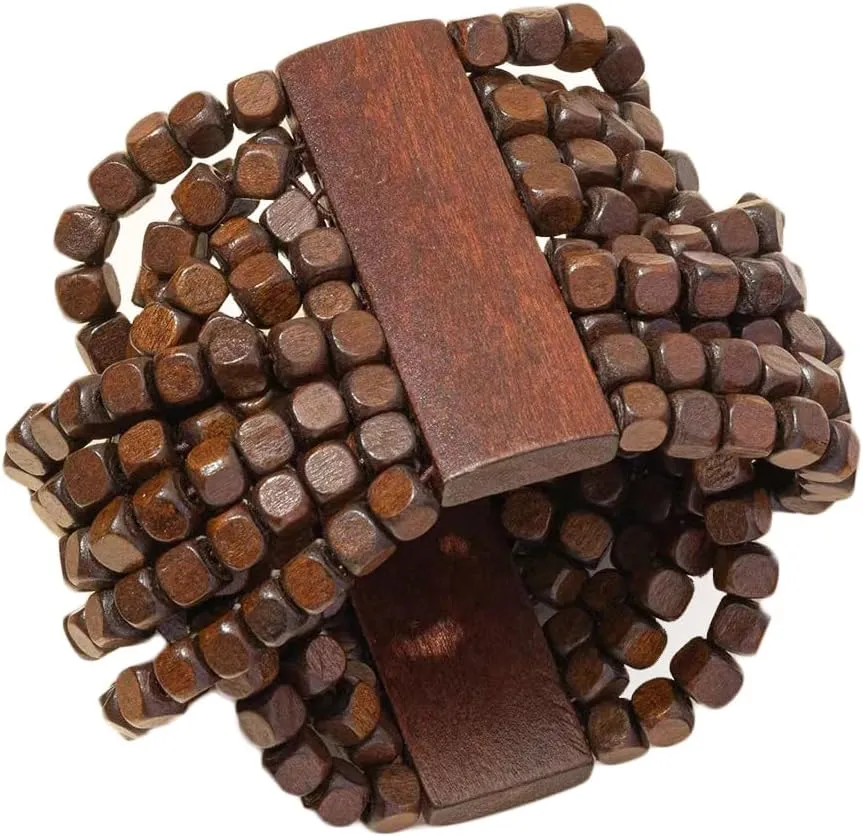 COLORFUL BLING Handmade Natural Wooden Beads Cuff Bracelet Woven Chunky Geometric Bangle for Women Summer Beach Boho Jewelry