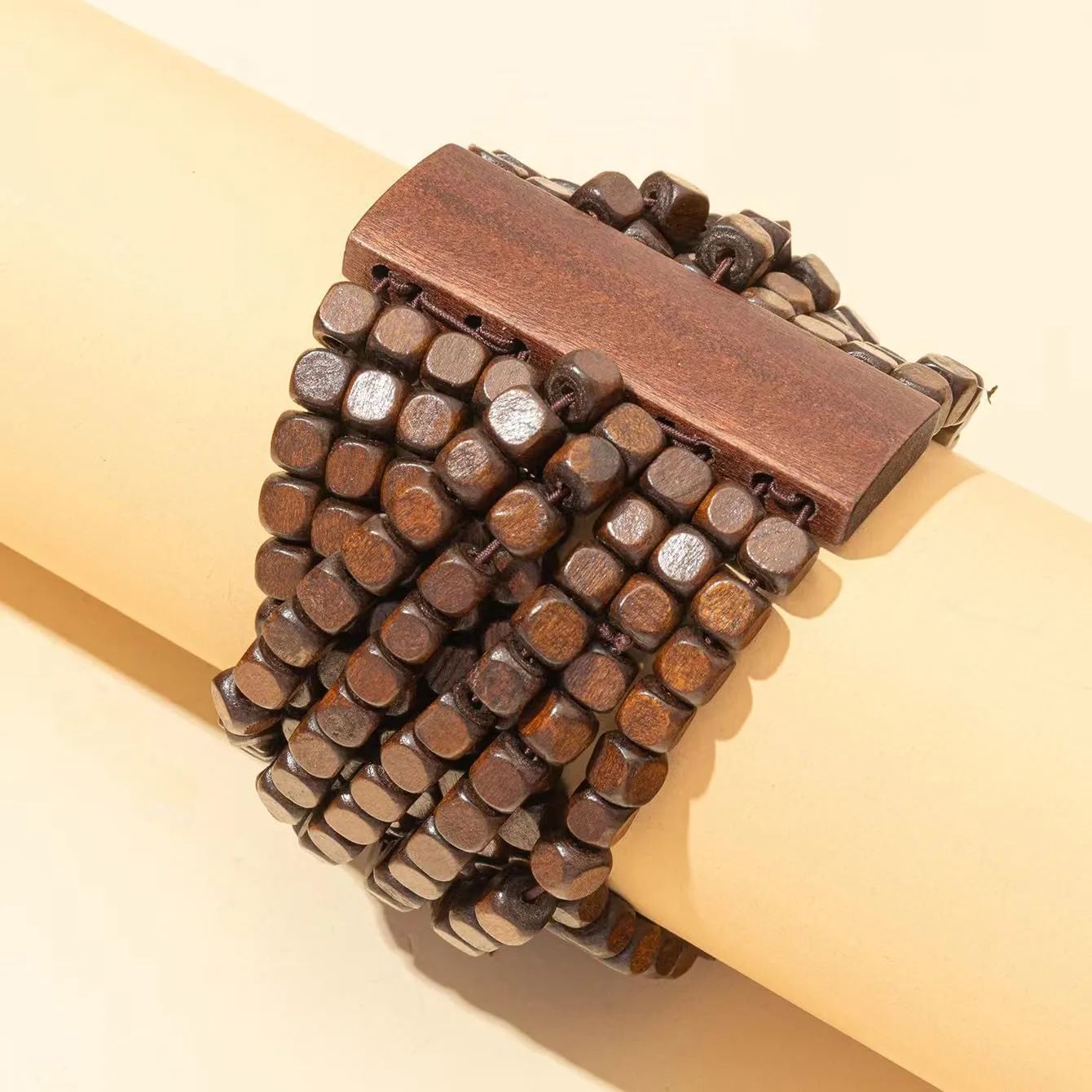 COLORFUL BLING Handmade Natural Wooden Beads Cuff Bracelet Woven Chunky Geometric Bangle for Women Summer Beach Boho Jewelry