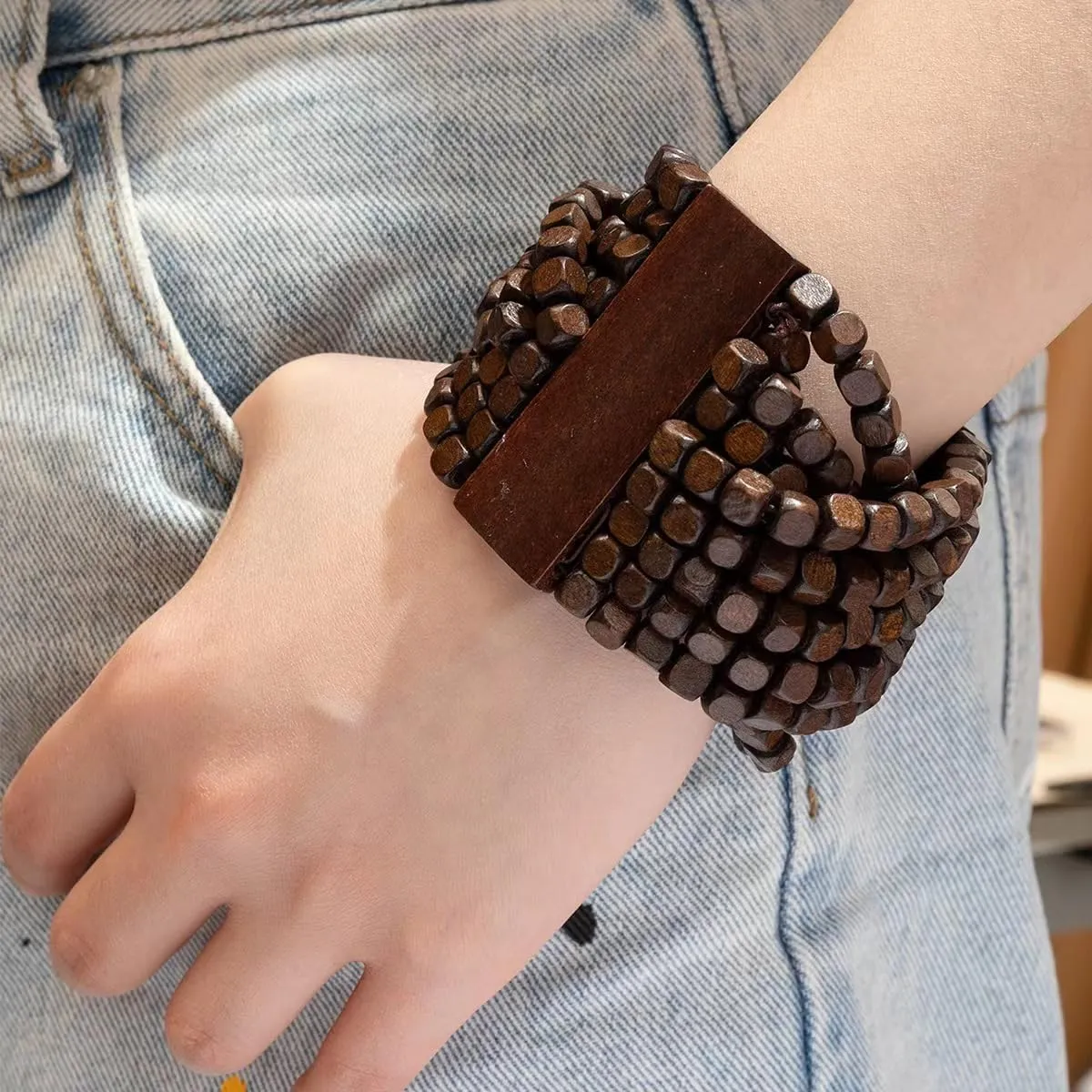 COLORFUL BLING Handmade Natural Wooden Beads Cuff Bracelet Woven Chunky Geometric Bangle for Women Summer Beach Boho Jewelry