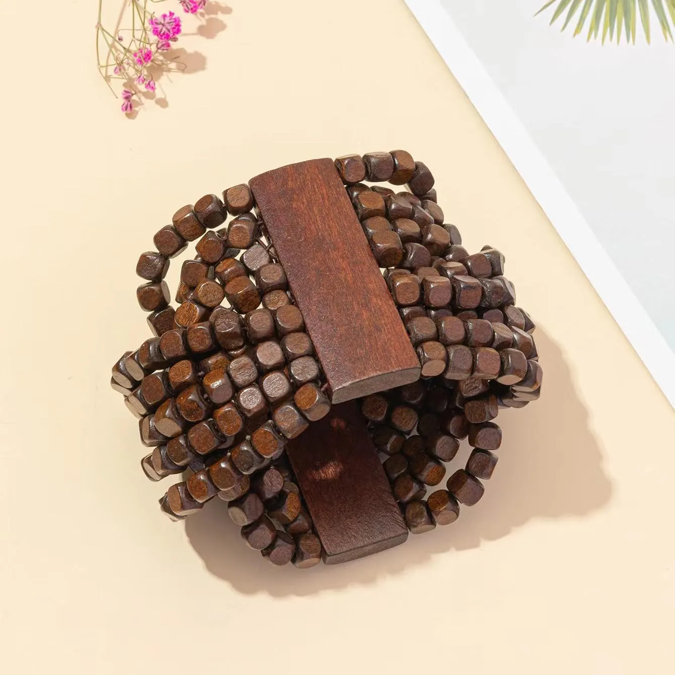 COLORFUL BLING Handmade Natural Wooden Beads Cuff Bracelet Woven Chunky Geometric Bangle for Women Summer Beach Boho Jewelry