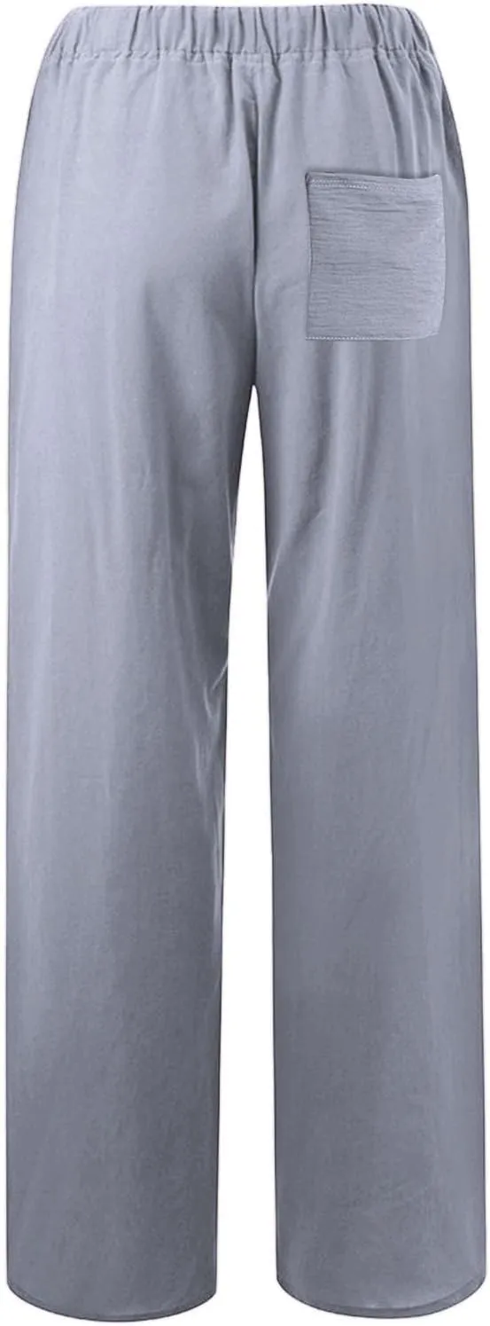 Cotton Linen Pants Women Summer Drawstring High Waisted Palazzo Pants Casual Wide Leg Yoga Trousers with Pockets