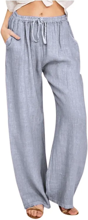 Cotton Linen Pants Women Summer Drawstring High Waisted Palazzo Pants Casual Wide Leg Yoga Trousers with Pockets