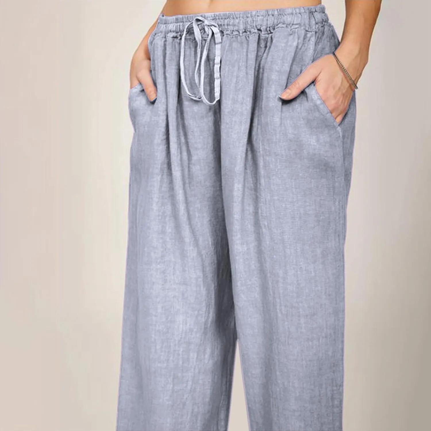 Cotton Linen Pants Women Summer Drawstring High Waisted Palazzo Pants Casual Wide Leg Yoga Trousers with Pockets