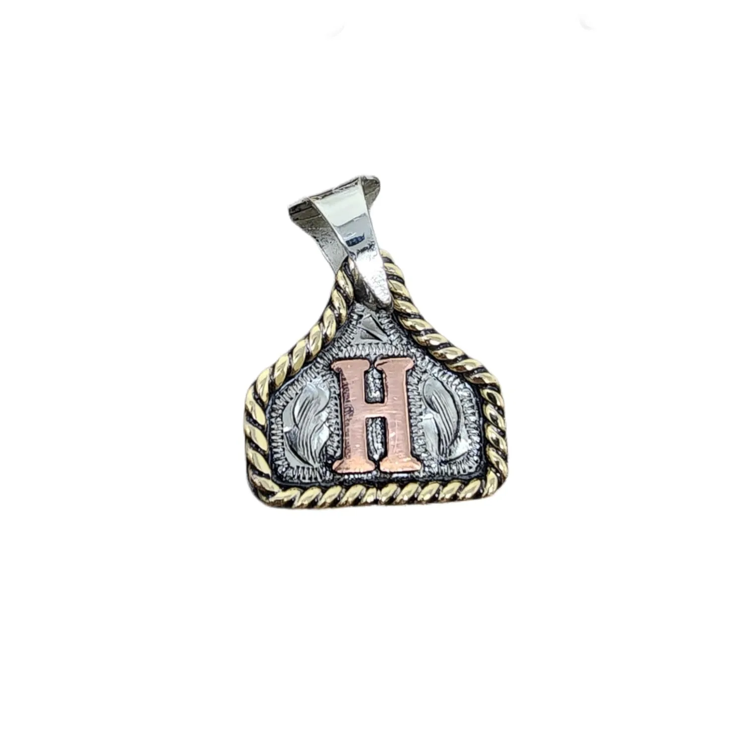 Cowtag Copper Initial Necklace. Hand Engraved. Pendant Only. Wear Over Clothing. Avoid Water (Antique Finish, H, S)