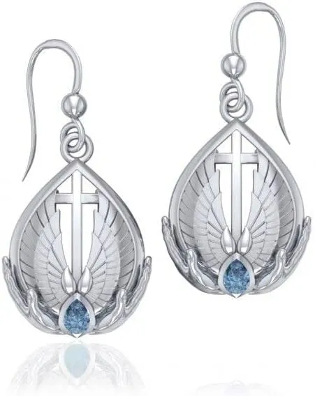 Cross 925 Sterling Silver Earrings Religious Christian Faith Jewelry Blue Topaz