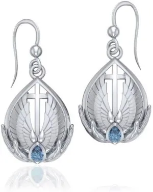 Cross 925 Sterling Silver Earrings Religious Christian Faith Jewelry Blue Topaz