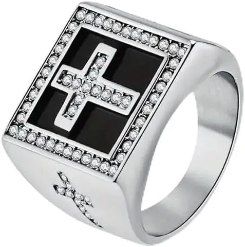 Cross Mens Ring S925 Sterling Silver Cross Unique Faith Christian Ring Religious Cross with Cubic Zirconia Ring Catholic Jewelry Gifts for Men Dad Boy Husband