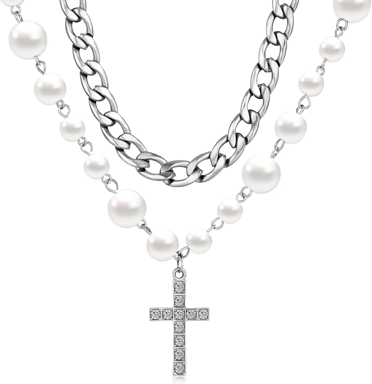 Cross Necklace for Women Chunky Silver Layered Cross Necklace Stack Stacked Jewelry
