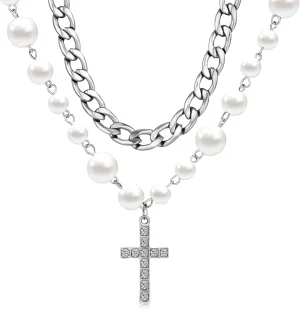 Cross Necklace for Women Chunky Silver Layered Cross Necklace Stack Stacked Jewelry