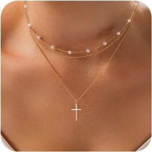 Cross Necklace for Women Dainty 14K Gold Silver Plated Small Cross Pendant Choker Simple Cute Cross Gold Necklace for Women Trendy Faith Jewelry Gift