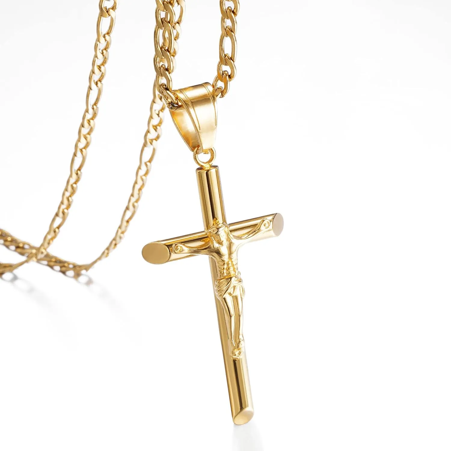 Cross Necklace for Women Men Stainless Steel Mens Cross Necklaces Gold Silver Jesus Cross Necklace Layered Cuban Figaro Chain Necklace Jewelry Gifts for Women Men
