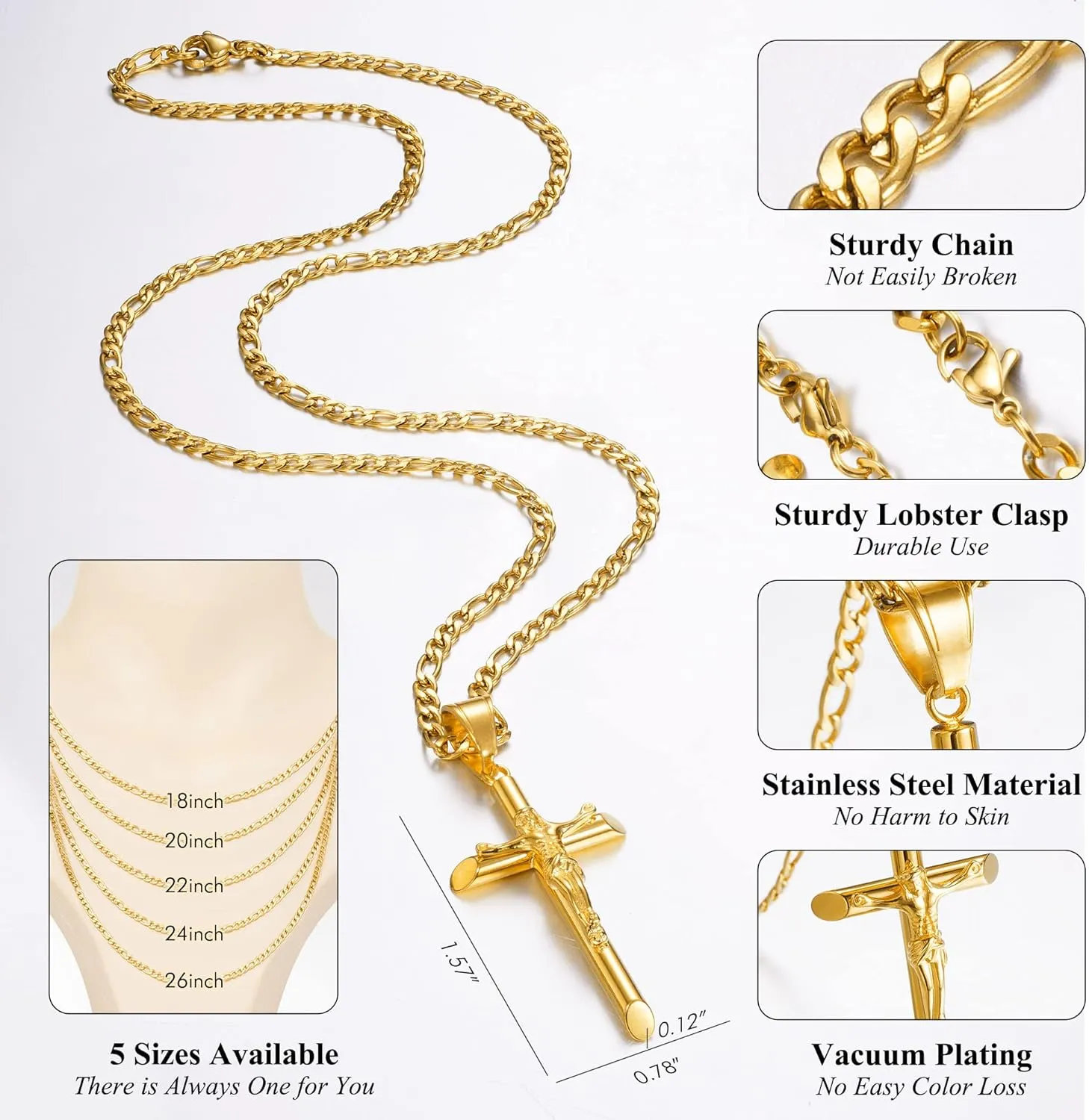 Cross Necklace for Women Men Stainless Steel Mens Cross Necklaces Gold Silver Jesus Cross Necklace Layered Cuban Figaro Chain Necklace Jewelry Gifts for Women Men