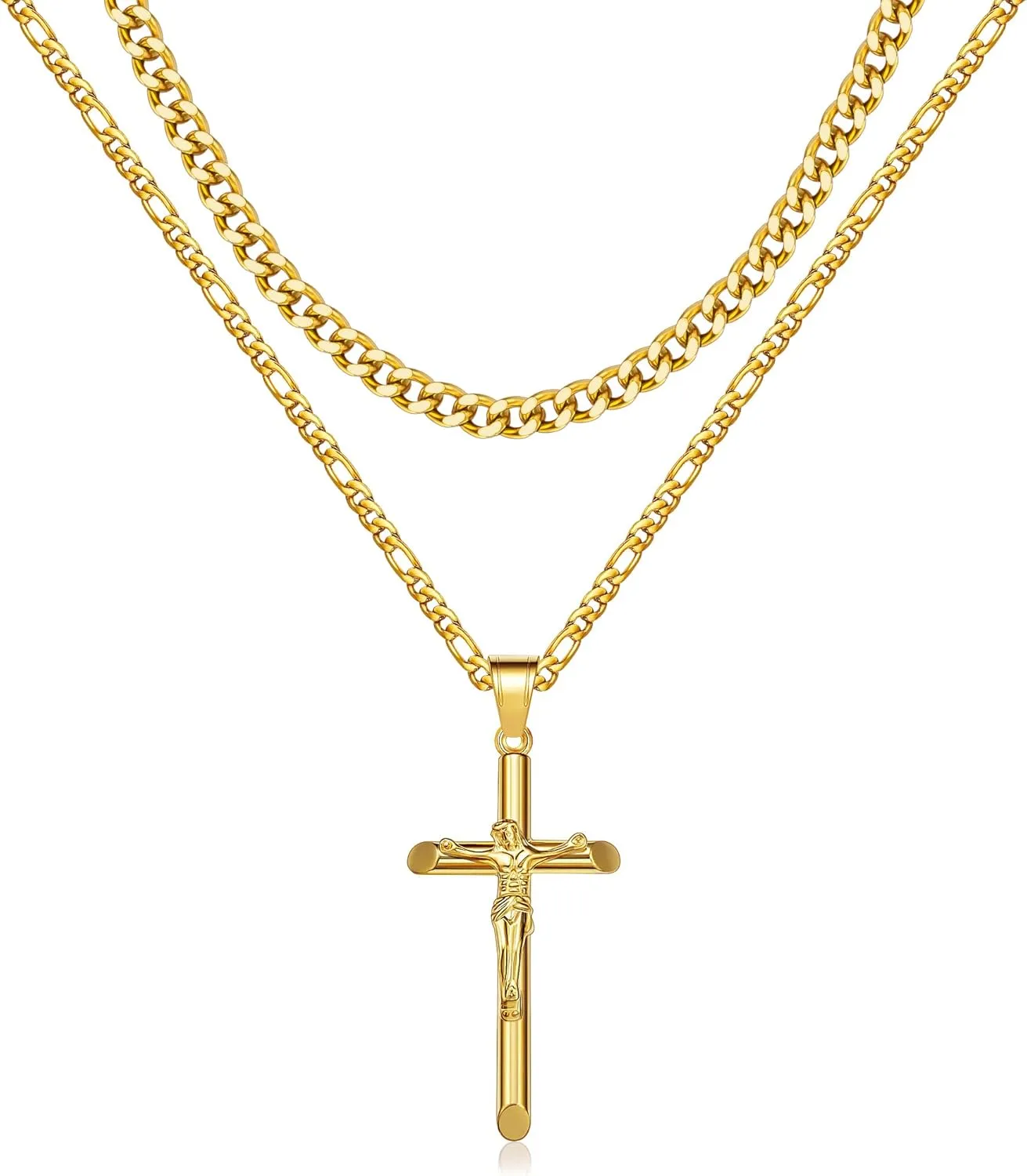 Cross Necklace for Women Men Stainless Steel Mens Cross Necklaces Gold Silver Jesus Cross Necklace Layered Cuban Figaro Chain Necklace Jewelry Gifts for Women Men