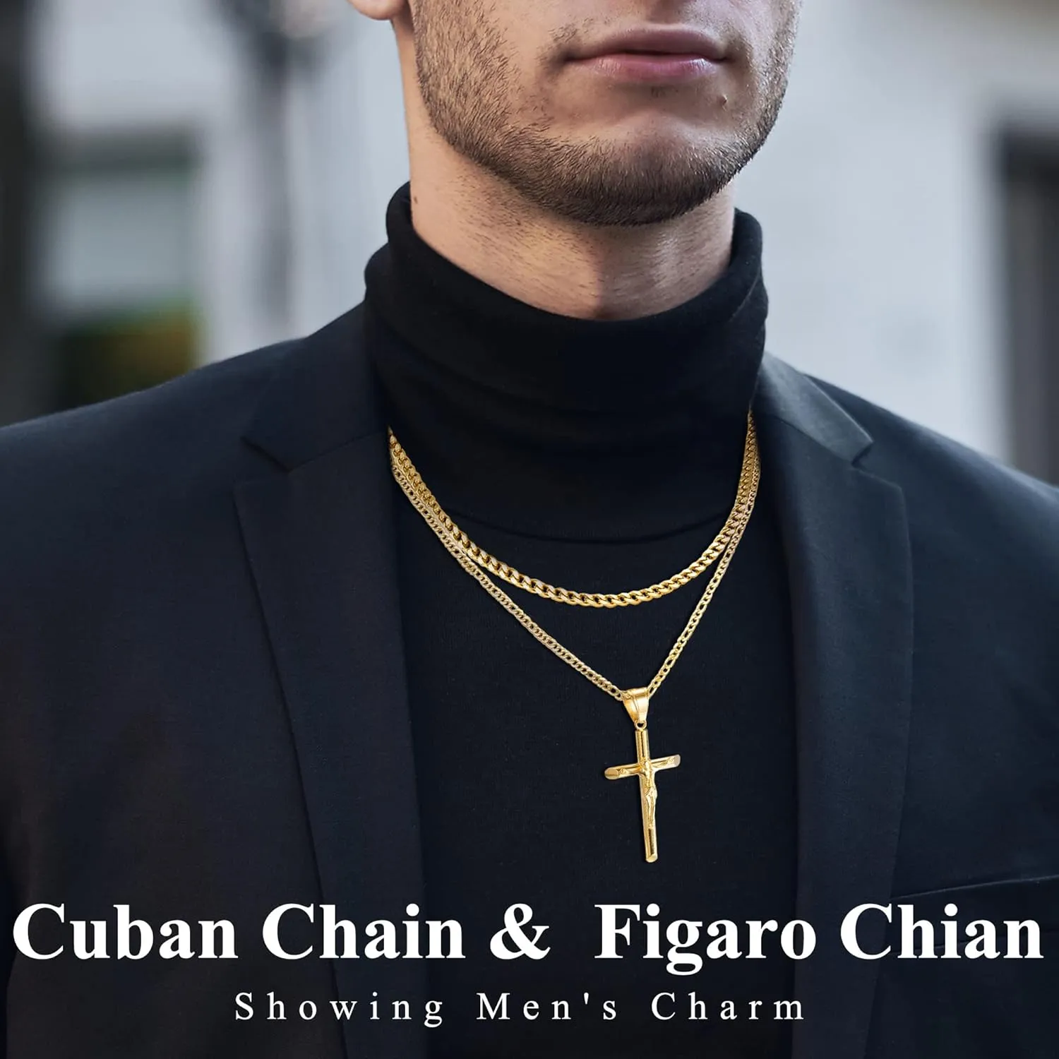 Cross Necklace for Women Men Stainless Steel Mens Cross Necklaces Gold Silver Jesus Cross Necklace Layered Cuban Figaro Chain Necklace Jewelry Gifts for Women Men