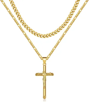 Cross Necklace for Women Men Stainless Steel Mens Cross Necklaces Gold Silver Jesus Cross Necklace Layered Cuban Figaro Chain Necklace Jewelry Gifts for Women Men