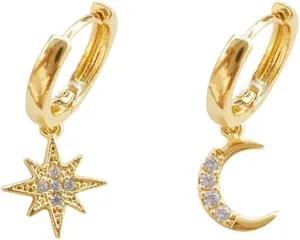 Crystal Moon Star Dangle Hoop Earrings for Women S925 Sterling Silver with Charms Asymmetrical CZ Diamond Drop Cartilage Cute Jewelry Delicate Fashion Birthday Best Friend Gold-Tone