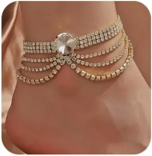 Cuban Silver Gold Crystal Rhinestone Ankle Bracelets Dainty Cuban Link Chain Rhinestone Foot Chain Adjustable Link Ankle Bracelet Tassel Crystal Rhinestone Ankle Bracelets for Women