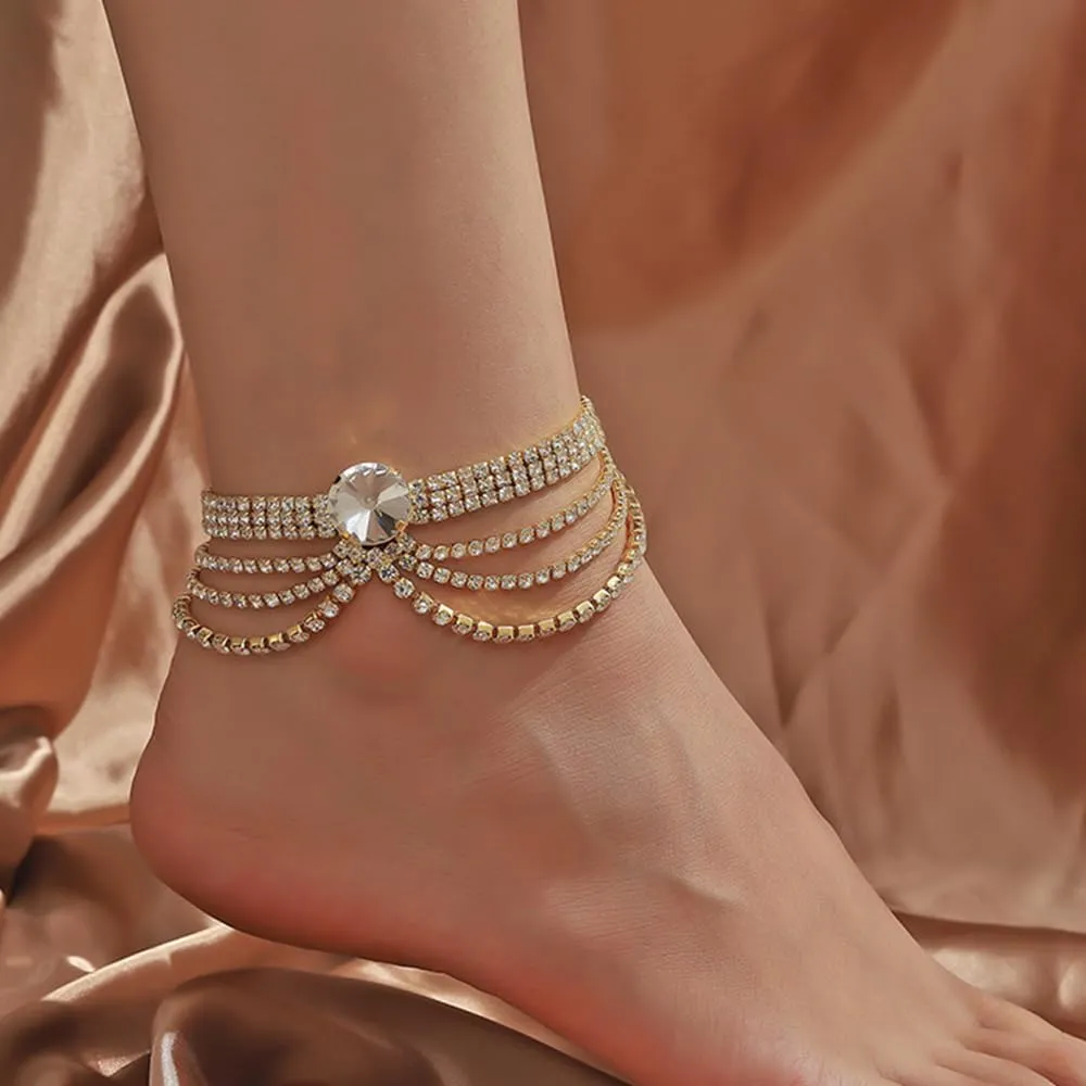 Cuban Silver Gold Crystal Rhinestone Ankle Bracelets Dainty Cuban Link Chain Rhinestone Foot Chain Adjustable Link Ankle Bracelet Tassel Crystal Rhinestone Ankle Bracelets for Women