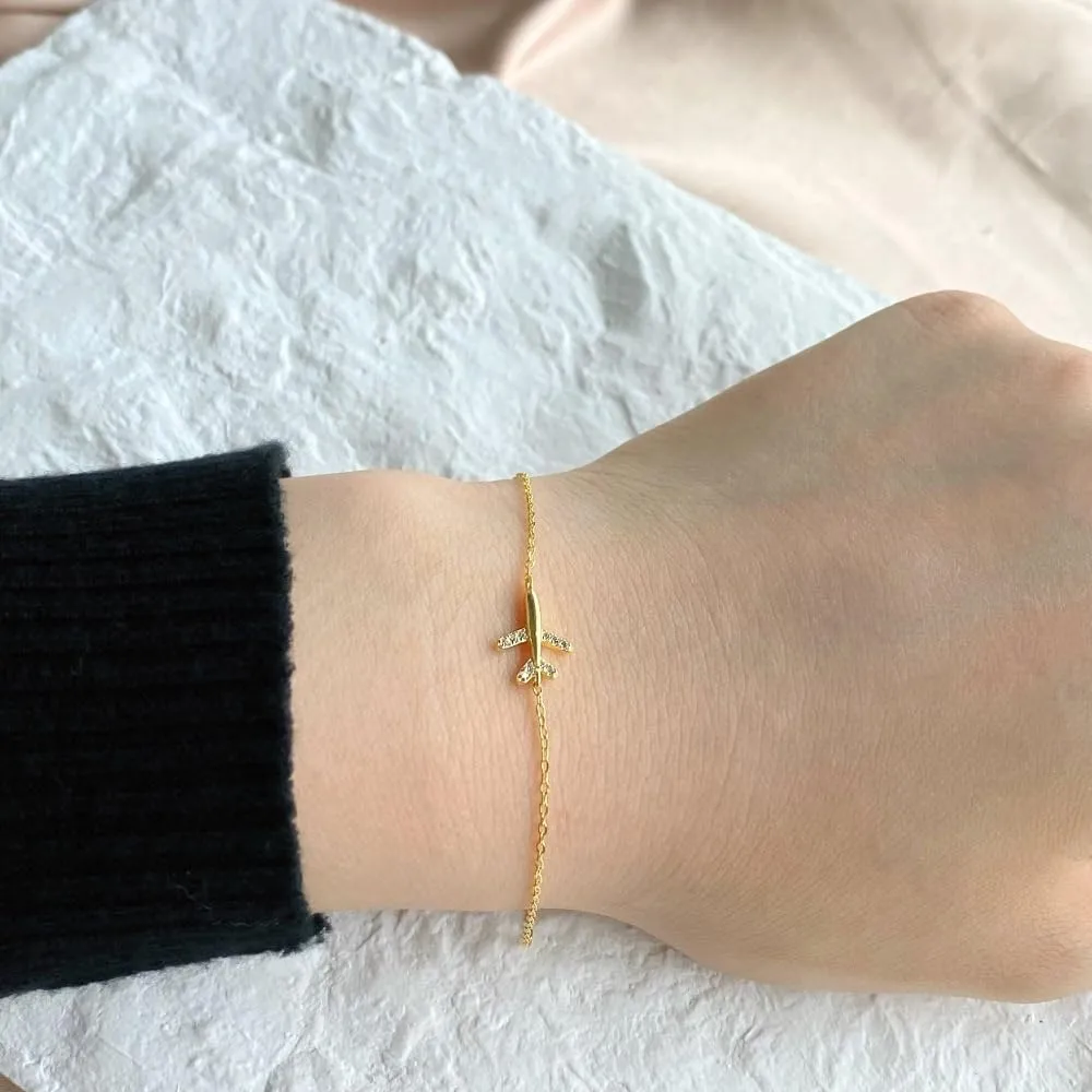Cubic Zirconia Airplane Bracelet for Women 925 Sterling Silver Fly Plane Delicate Bracelets Minimalist Adjustable Statement Hypoallergenic Chain Jewelry