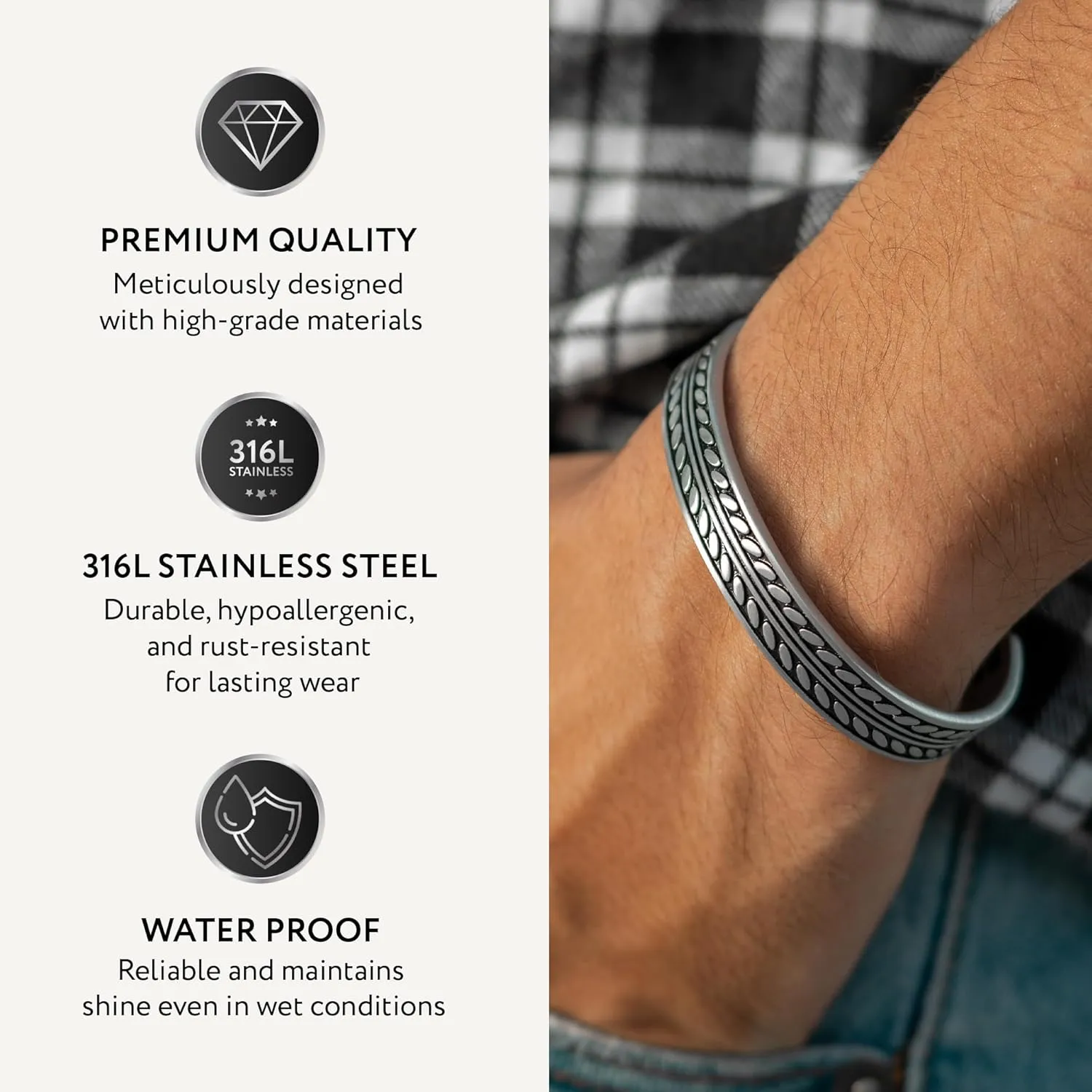Cuff Bracelet for Men Premium Stainless Steel Mens Bangle Bracelets Silver Cuff Bracelet Waterproof & Non-Tarnish Minimal Western Bracelet
