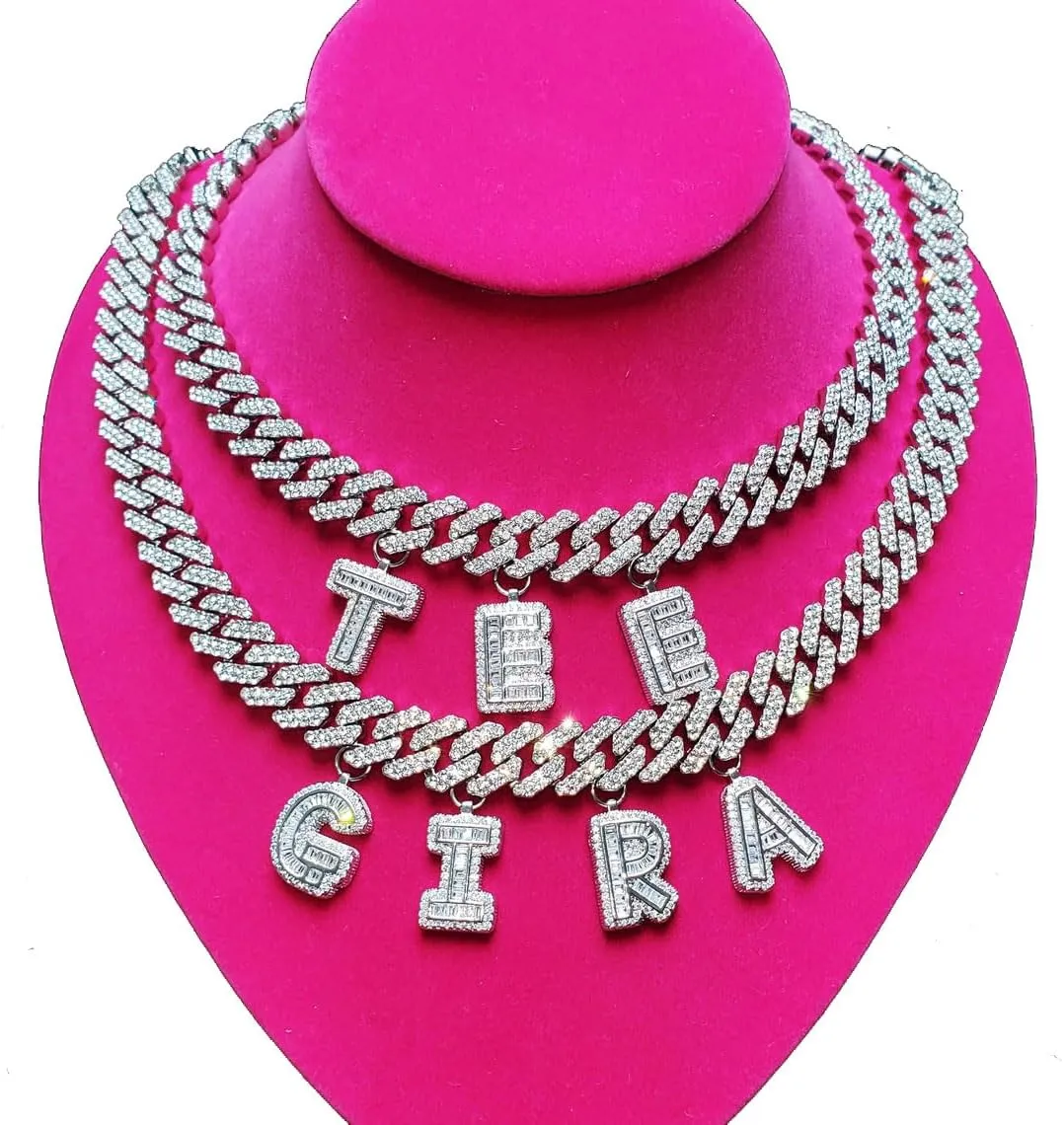 Custom Initial Name Necklace For Women Personalized Cuban Link Chain Iced Out silver and gold
