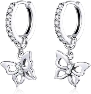 Cute CZ Butterfly Dangle Hoop Earrings for Women S925 Sterling Silver with Charms Huggie Hoops Crystal Drop Cartilage Filigree Jewelry Delicate Fashion Dainty for Dauther