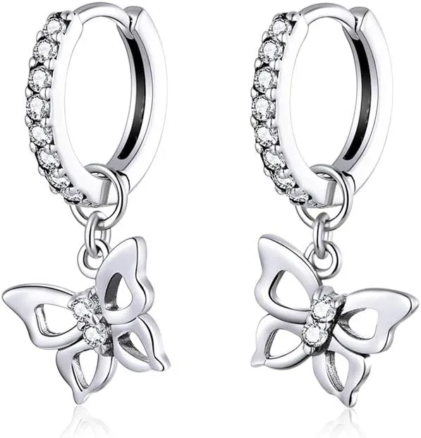Cute CZ Butterfly Dangle Hoop Earrings for Women S925 Sterling Silver with Charms Huggie Hoops Crystal Drop Cartilage Filigree Jewelry Delicate Fashion Dainty for Dauther