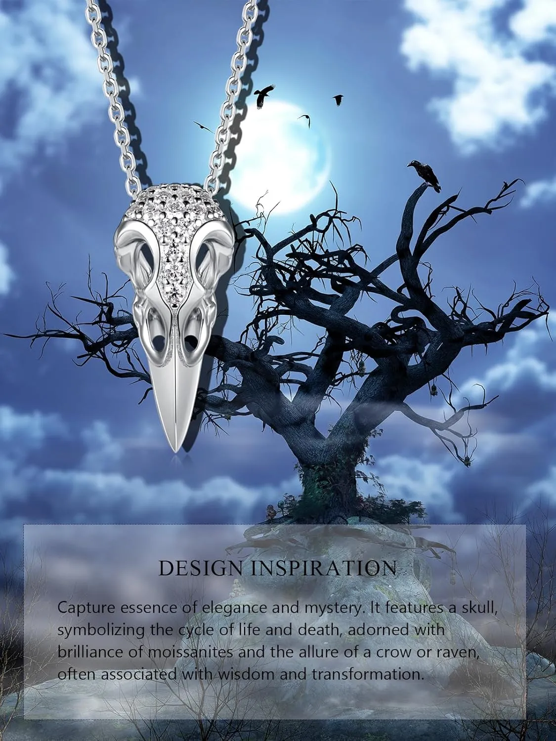 CYW Moissanite Skull Cross/Spider/Raven Necklace for Men Women, Intriguing Design, Really Authentic Solid 925 Sterling Silver with Rhodium Finish, 16"/18"/20" Adjustable, Halloween Jewelry