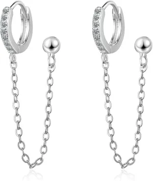 CZ Small Huggie Hoop Double Piercings Earrings for Women Girls Dainty Cartilage Threader Chain Drop Dangle Ball Stud Delicate Sterling Silver Plated Cuff Wrap Crawler Climbers Hypoallergenic Gifts