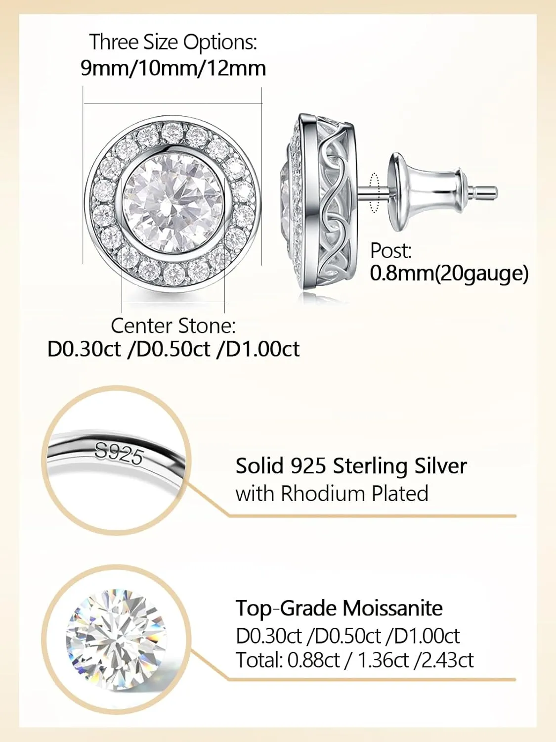 D Color VVS1 Clarity Moissanite Chunky Stud Earrings for Men Women, 0.88-2.43 Carat, Really Authentic Solid 925 Sterling Silver Hypoallergenic, Ideal Gift for Birthday Anniversary Christmas Valentines