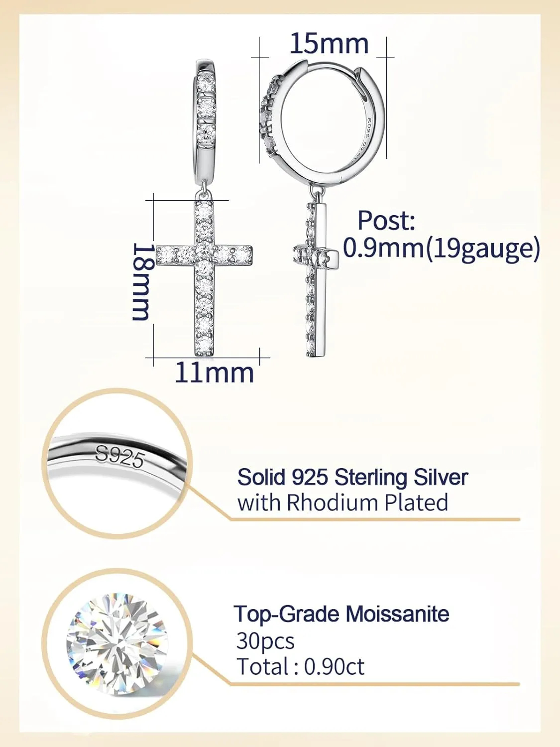 D Color VVS1 Clarity Moissanite Sparkle Cross Earrings Unisex, Really Authentic Solid 925 Sterling Silver Hypoallergenic, Birthday Anniversary Valentines Mothers Day Ideal Gift for Her