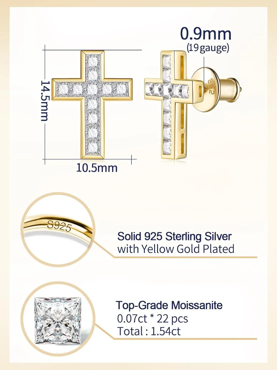 D Color VVS1 Clarity Moissanite Sparkle Cross Earrings Unisex, Really Authentic Solid 925 Sterling Silver Hypoallergenic, Birthday Anniversary Valentines Mothers Day Ideal Gift for Her