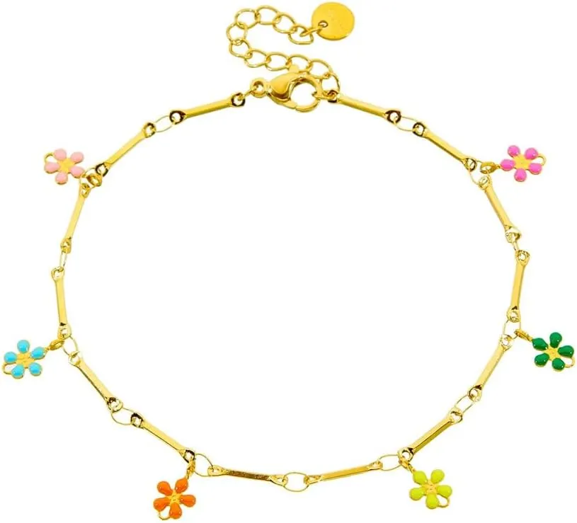 Dainty Daisy Flower Anklets for Women Lady Stainless Steel Gold Plated Colorful Enamel Cherry Blossom Charms Adjustable Chain Anklet Bracelet Beach Holiday Party Jewelry 10 inch