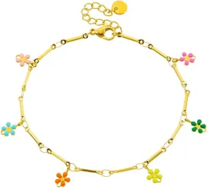 Dainty Daisy Flower Anklets for Women Lady Stainless Steel Gold Plated Colorful Enamel Cherry Blossom Charms Adjustable Chain Anklet Bracelet Beach Holiday Party Jewelry 10 inch